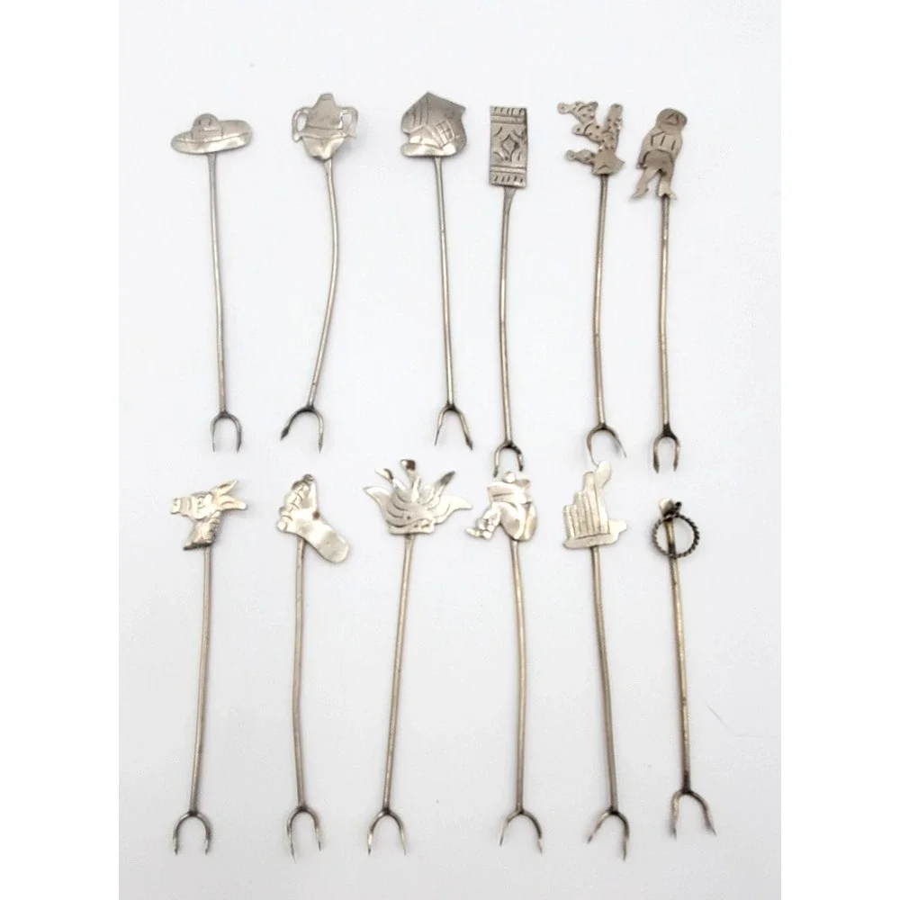 Vintage Alpaca Silver Cocktail Picks Set 12 Figural Olive Forks Mid Century